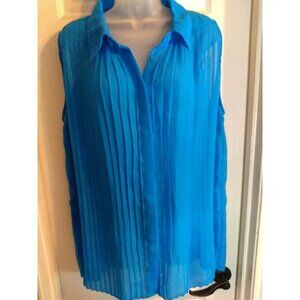 Lane Bryant Top Blue Semi Sheer Sleeveless Pleated Hidden Button Up Sz 24